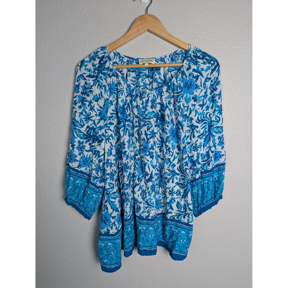Lucy & Laurel Blouse Womens 1X Blue Floral Tunic Rayon Pleated 3/4 Sleeve